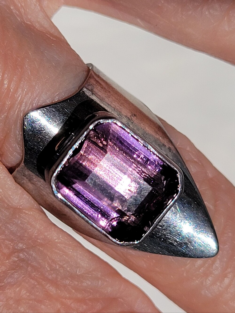 Vintage Sterling Silver Brutalist Emerald Cut Amethyst Statement Ring Size 6.5